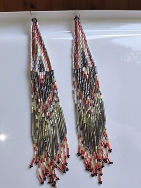 Handmade Shoulder Duster Beaded Fringe Earrings - Red, Gold & Black 8" !! Unique